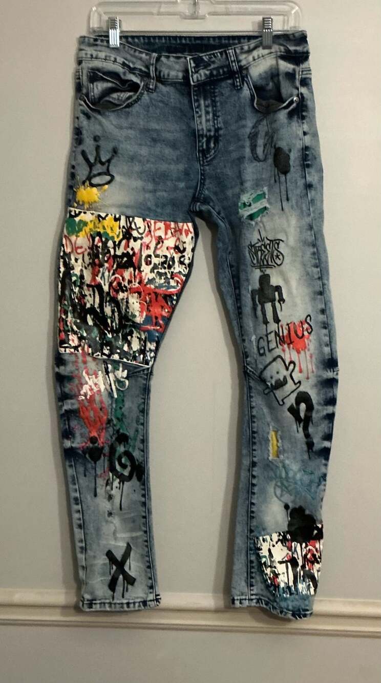 Rue21 Premium Acid Wash Graffiti Paint Splatter Distressed Skinny Jeans